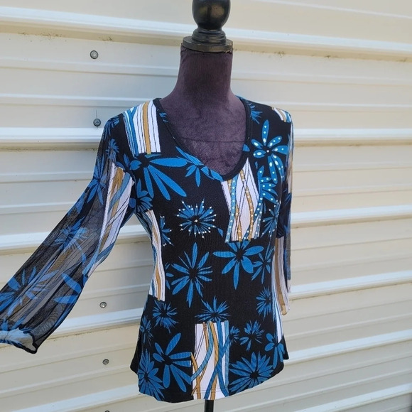 FASHQUE Women's sz M Black Blue Rhinestone Embellished Basic Cotton Top 3/4 Slv - Picture 9 of 10